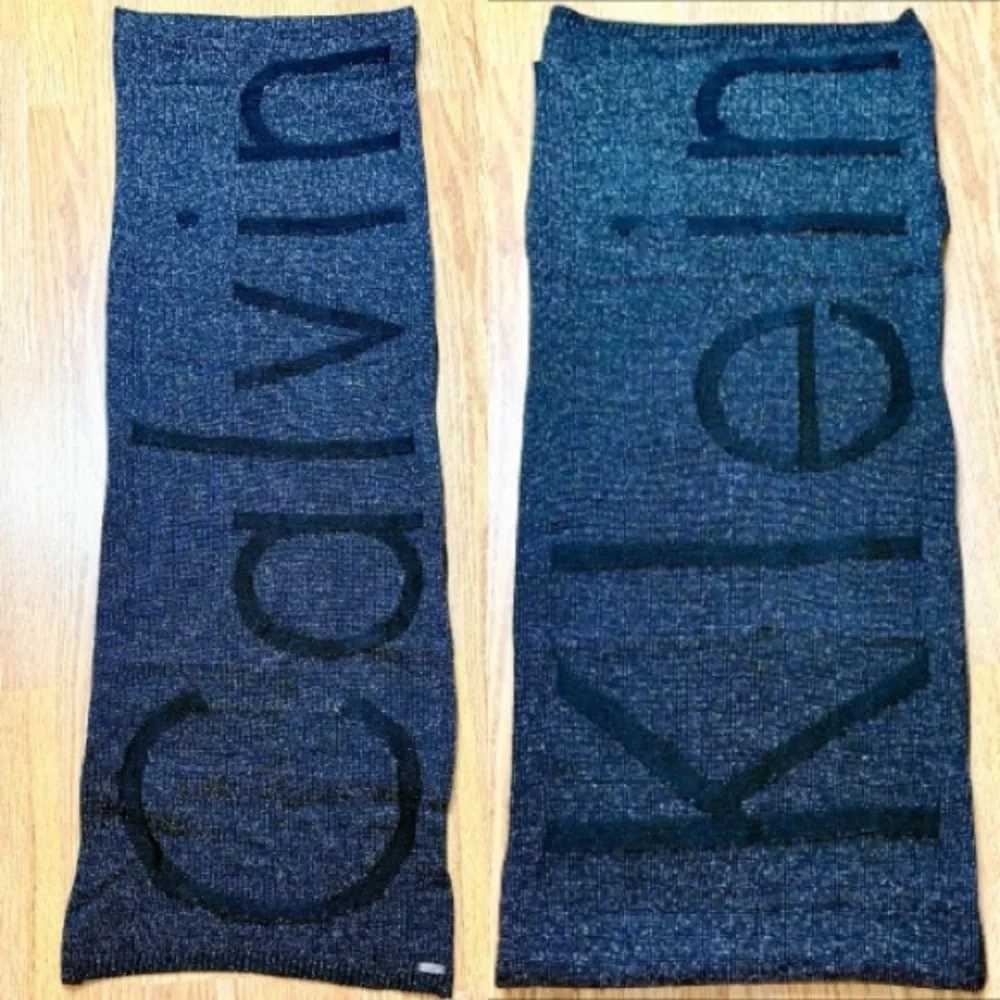 90’s Calvin Klein LOGO WOVEN scarf in black gold silver metallic knit embossed